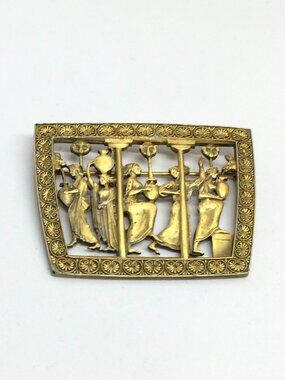VINTAGE MFA BROOCH Greek Women Scene Gold Tone Figural Museum Jewelry